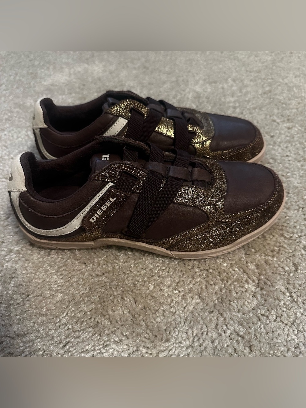Diesel Motion Women’s Gold Sparkle Brown Leather Size 8 38.5 Shoes Sneakers - Picture 2 of 8